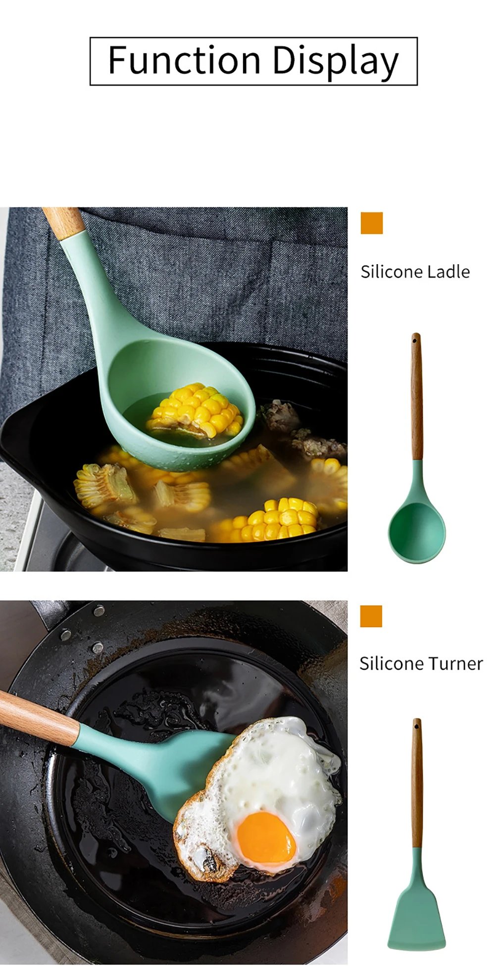 Silicone Kitchenware Cooking Utensils Set Non-stick Cookware Spatula Shovel Egg Beaters Wooden Handle Kitchen Cooking Tool Set