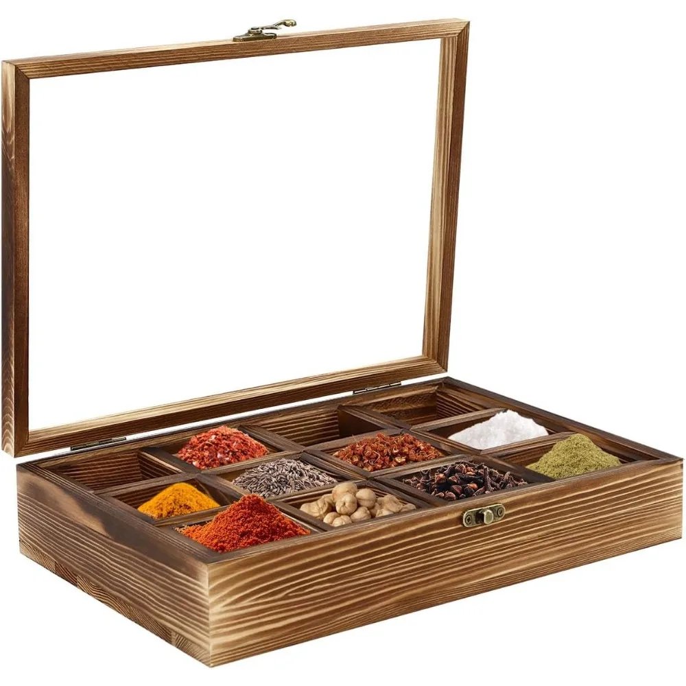 Wooden Spice Box with Lid &12 Containers Spice Fit Box with Wooden Spoon Spice Boxes for Kitchen Multipurpose Decorative Boxes