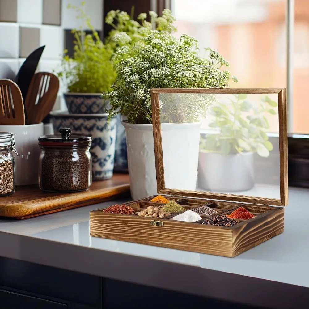 Wooden Spice Box with Lid &12 Containers Spice Fit Box with Wooden Spoon Spice Boxes for Kitchen Multipurpose Decorative Boxes