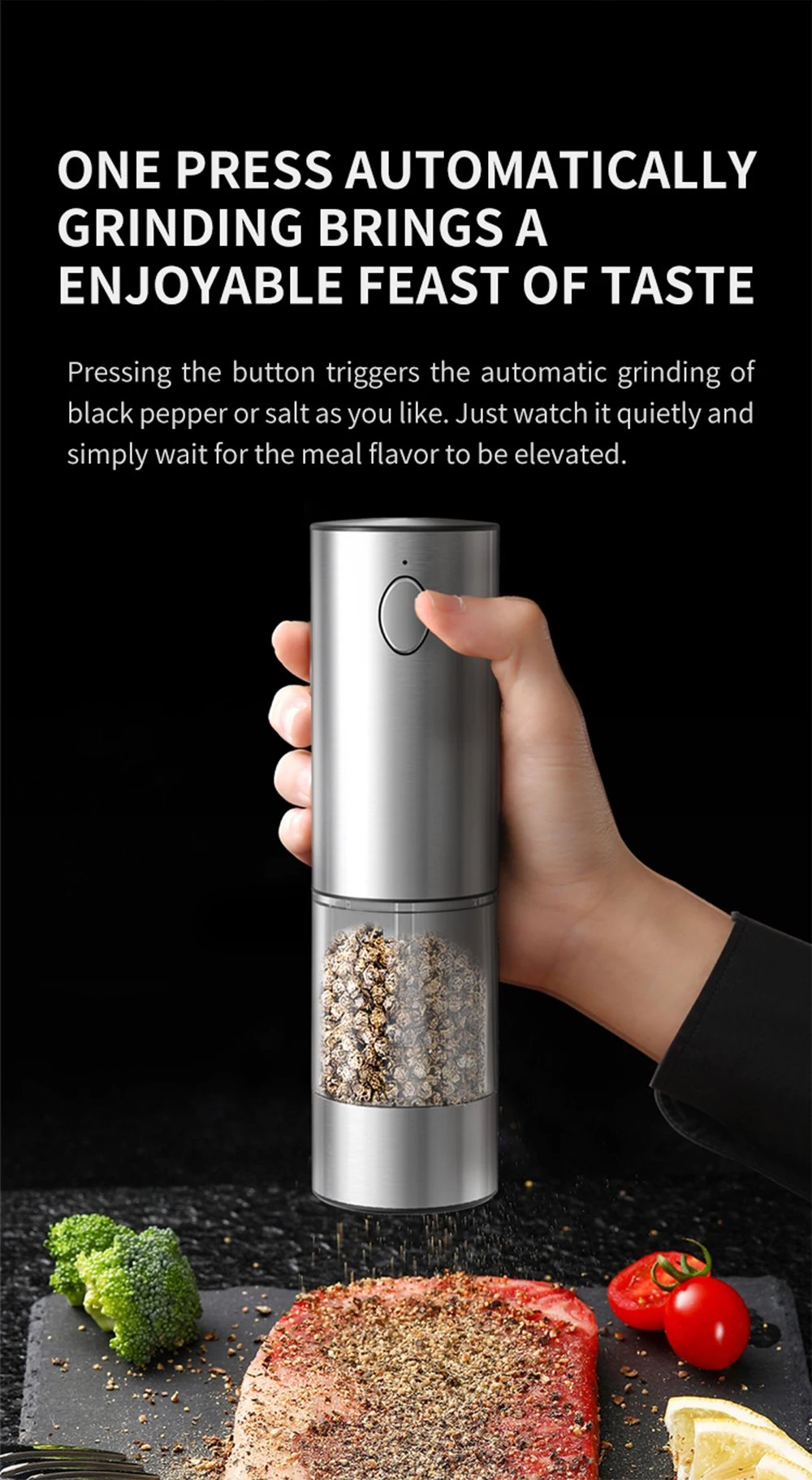 Electric Pepper Grinder Stainless Steel Salt And Pepper Grinder USB Rechargeable Adjustable Coarseness Spice Mill Kitchen Tool