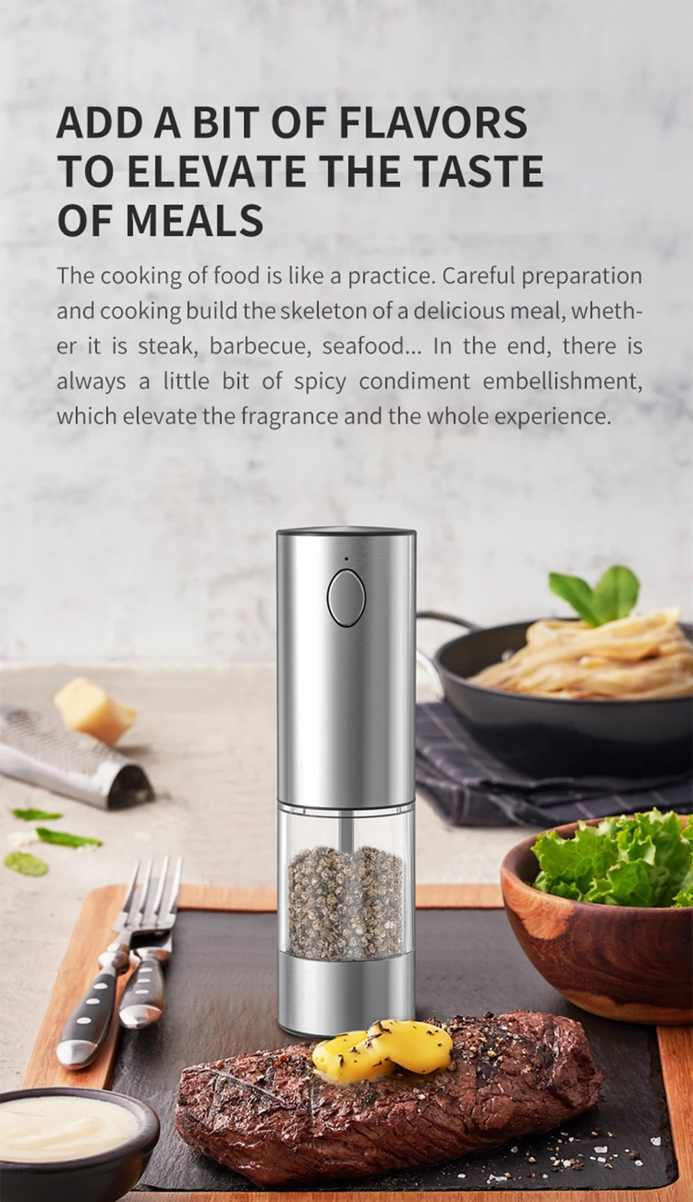 Electric Pepper Grinder Stainless Steel Salt And Pepper Grinder USB Rechargeable Adjustable Coarseness Spice Mill Kitchen Tool