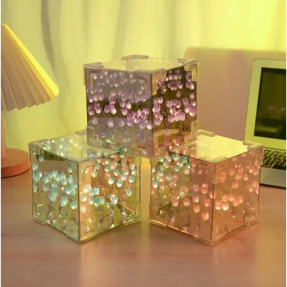 DIY Tulip Mirror Cube Lamp Simulation Flower Bedroom Sleeping Table Lamp Handmade Craft Tulips Mirror Night Light Birthday Gift