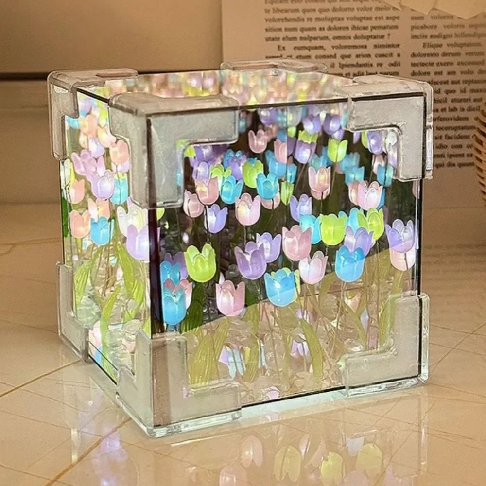 DIY Tulip Mirror Cube Lamp Simulation Flower Bedroom Sleeping Table Lamp Handmade Craft Tulips Mirror Night Light Birthday Gift