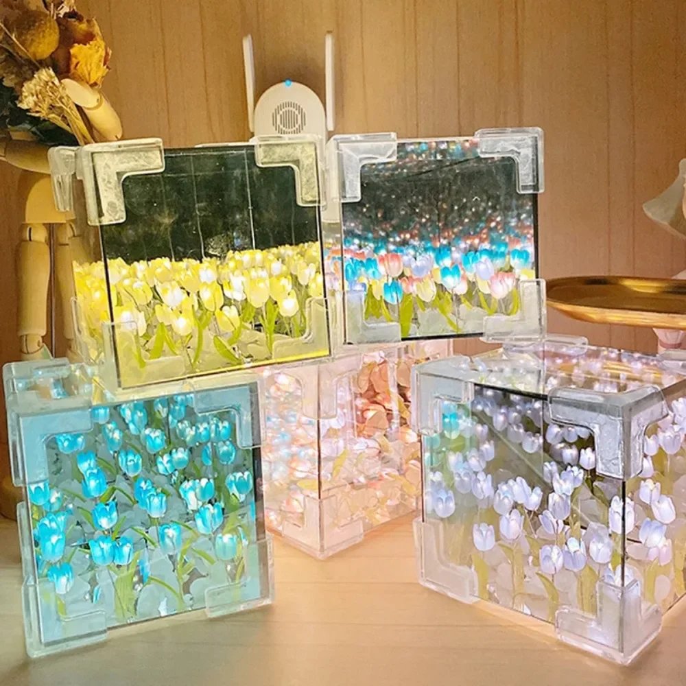 DIY Tulip Mirror Cube Lamp Simulation Flower Bedroom Sleeping Table Lamp Handmade Craft Tulips Mirror Night Light Birthday Gift