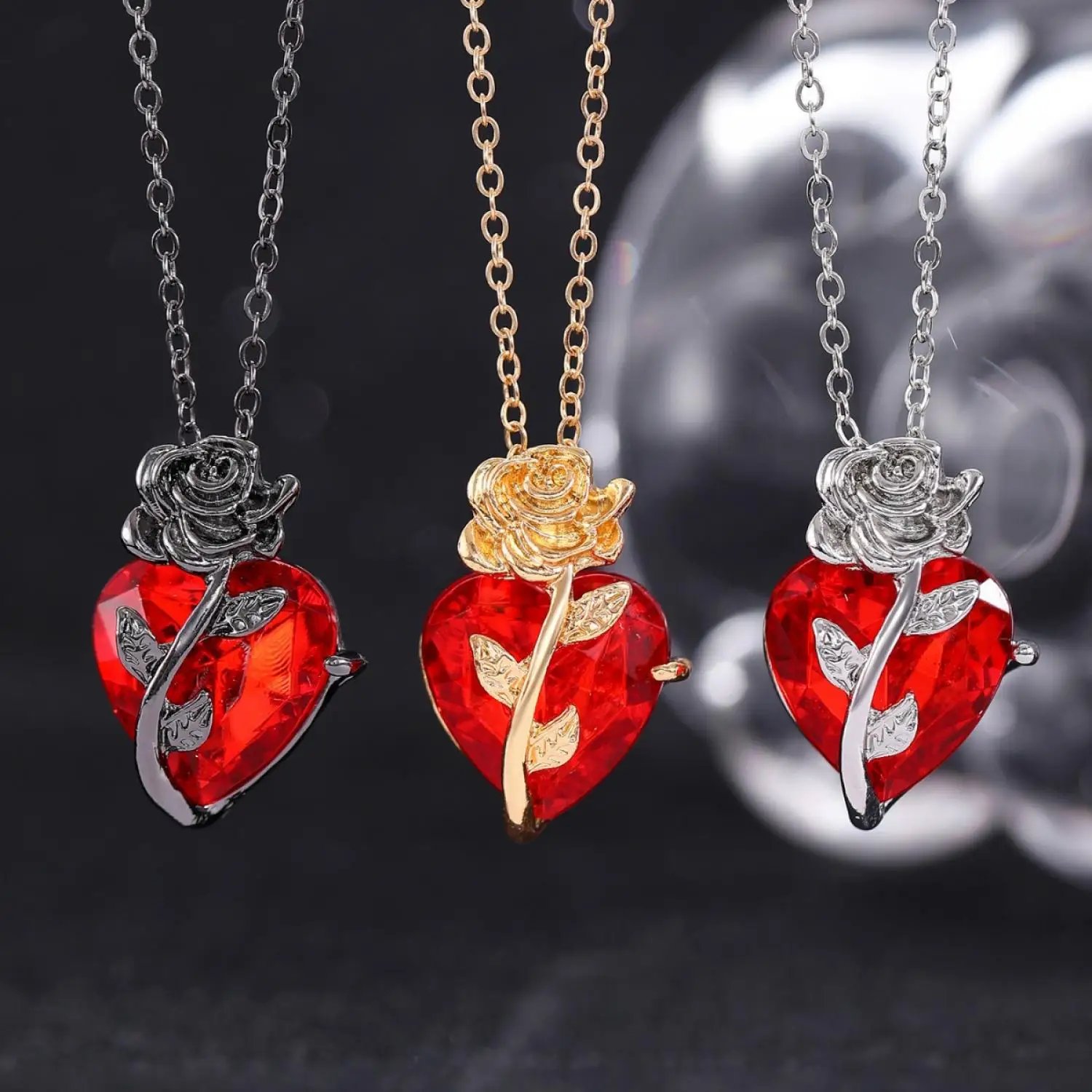 Dark Red Crystal Rose Flower Pendant Necklace for Women Men Gothic Punk Zircon Love Heart Chokers Neck Jewelry Personalized Gift