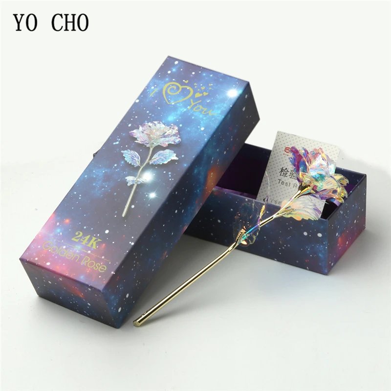 YO CHO 24K Plated Gold Rose Artificial Flower 24K Foil Rose Galaxy Box Birthday Valentine Mother's Day Christmas Creative Gift